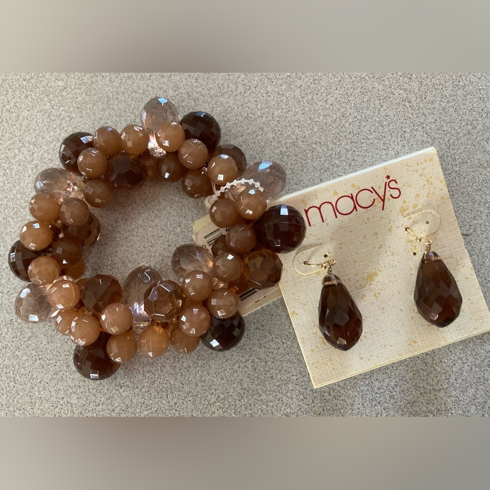 Elegant Brown Beaded Bracelet and Earring Set NEW